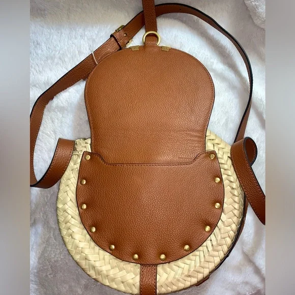 Chloe Marcie Woven Palm Round Crossbody Bag (Tan)